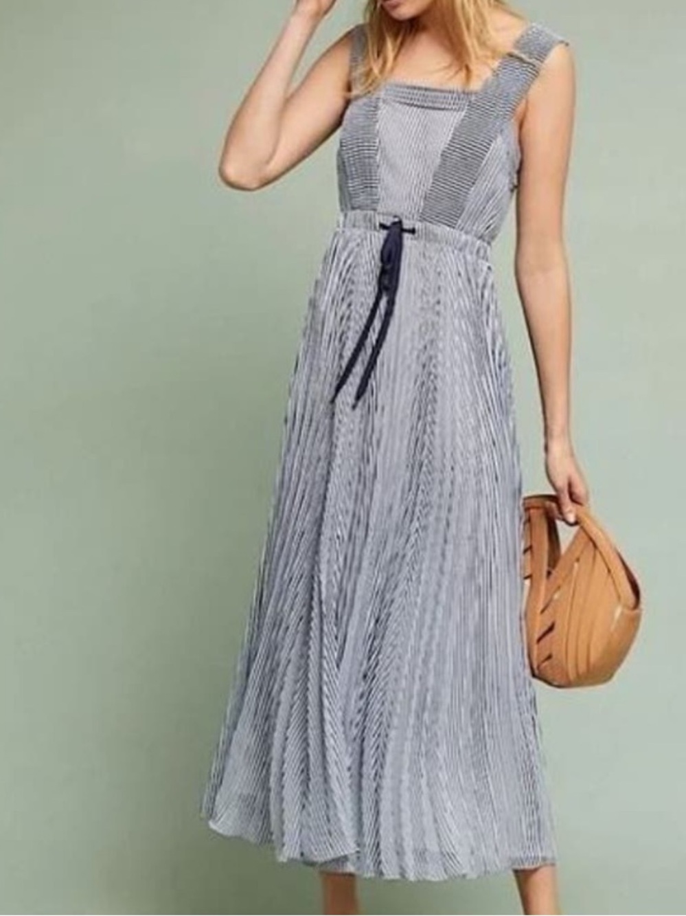 Anthropologie Maeve Darcy Striped Pleated Midi Dress Square Neck NWT Size 2